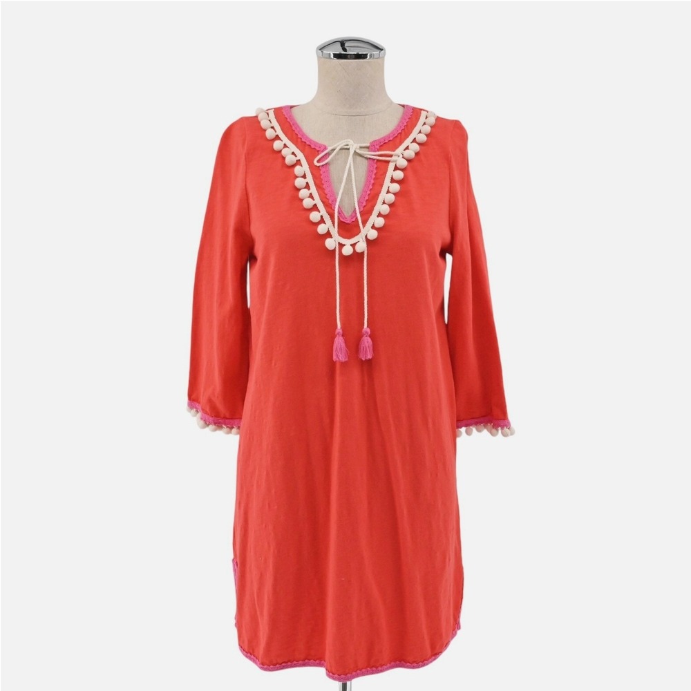 Boden Kasia Jersey Tunic Dress Womens 6 Red Pom Pom Trim Tassel Tie Relaxed Boho